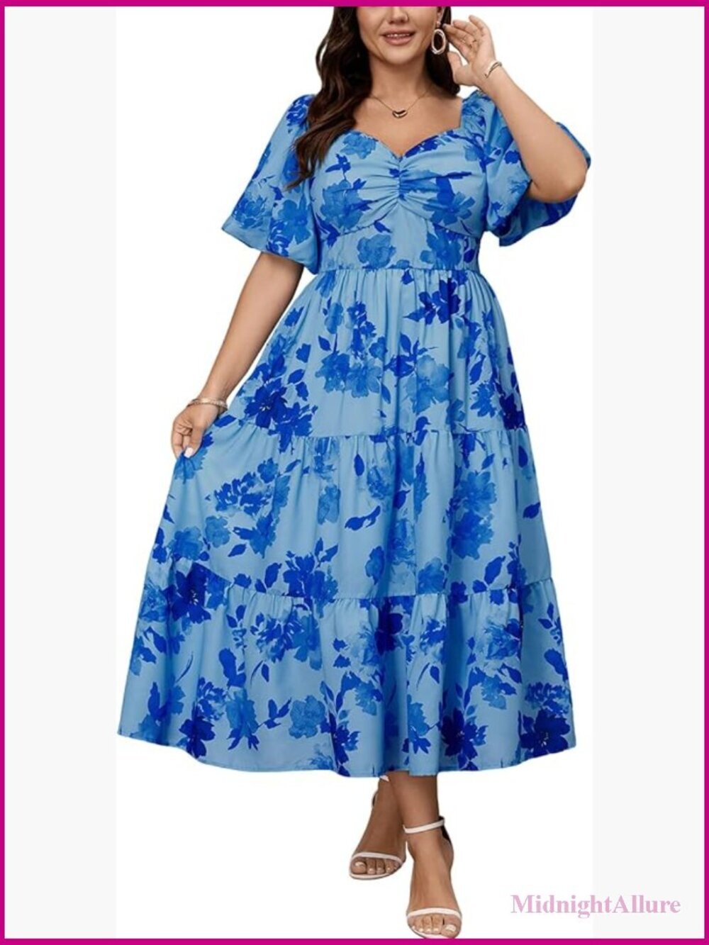 Plus Size Sweetheart Neck Smocked Tiered Maxi Dress - Short Puff Sleeve A-Line